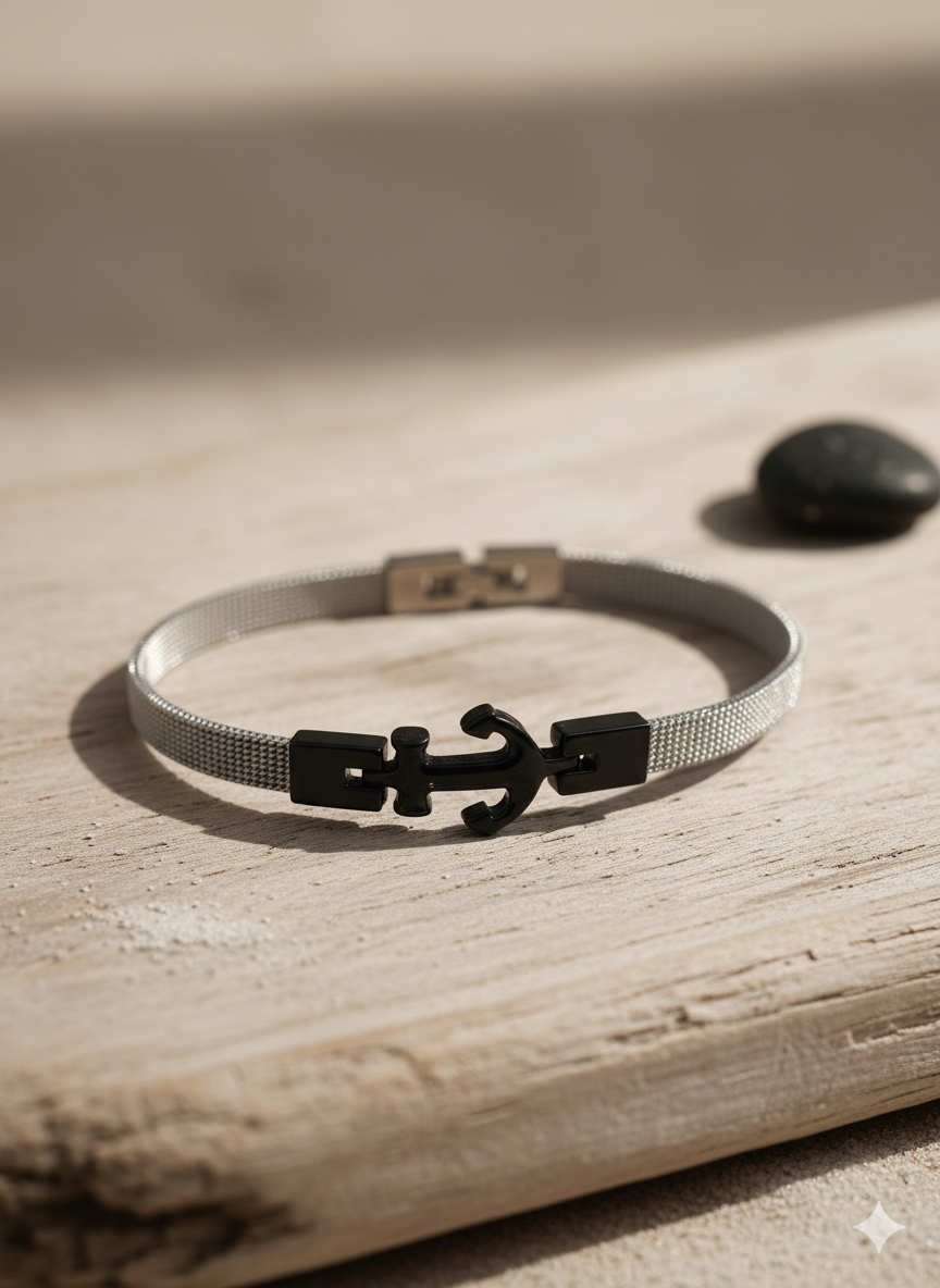 Bracciale Ancora Maglia Milanese - Acciaio Inossidabile Stile Nautico 20-21 cm