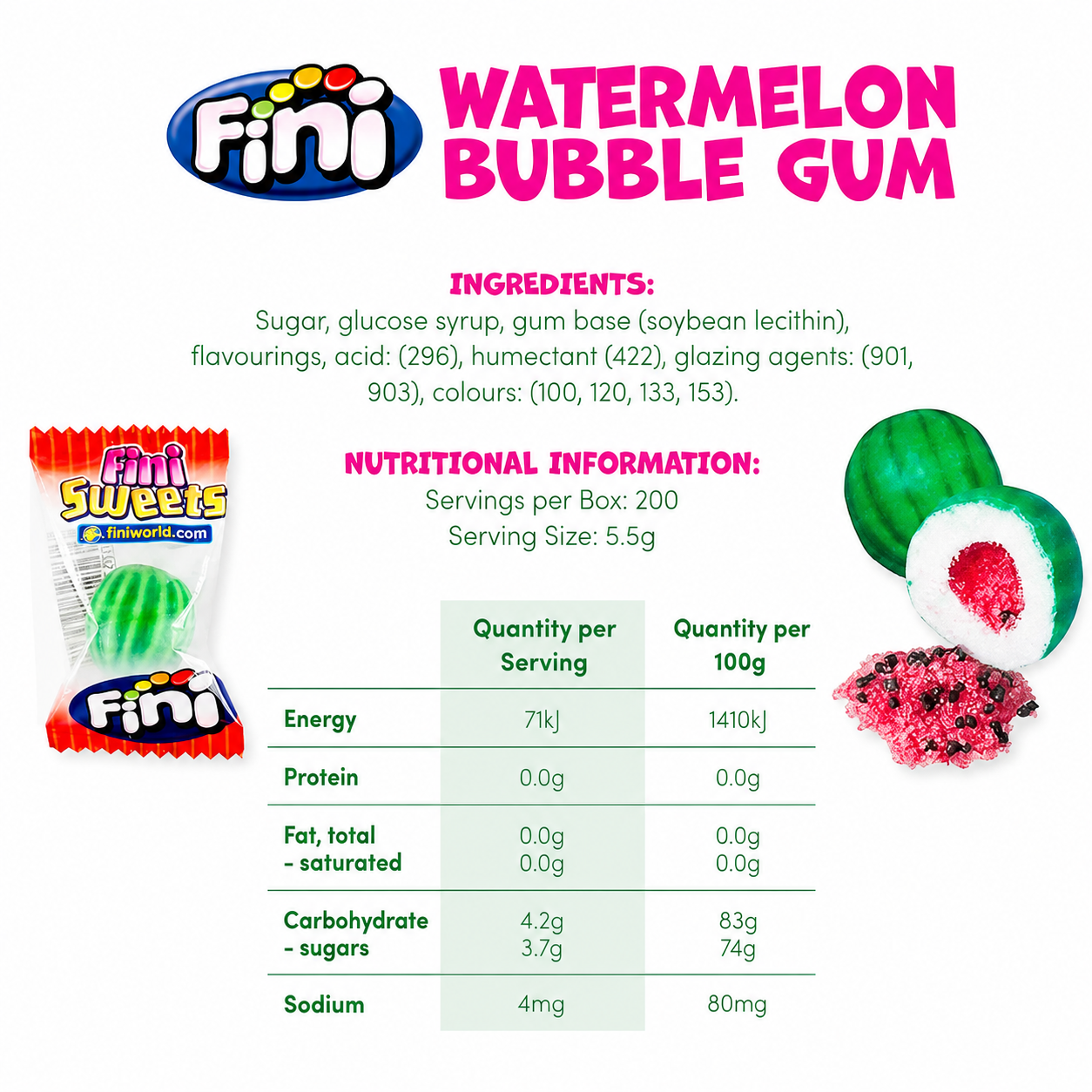 Fini Watermelon Bubble Gum Anguria Frizzante – Box da 200 Pezzi
