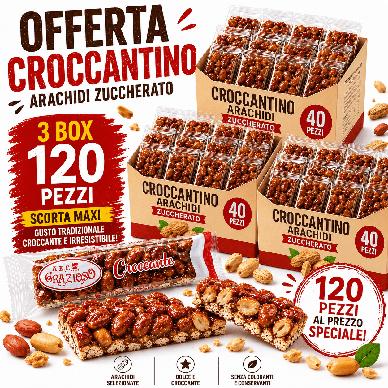 Grazioso Croccantino alle Arachidi Zuccherato – 3 Box da 40 Pezzi, Totale 120 Pezzi
