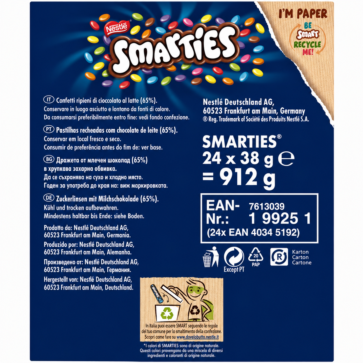 Nestlé Smarties – Confetti di Cioccolato al Latte Colorati, Confezione da 24 Tubetti da 38 g