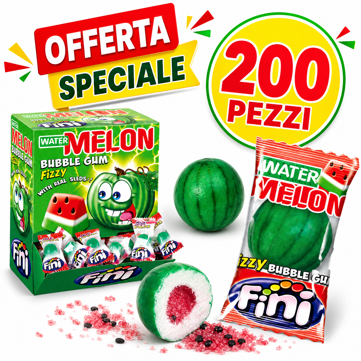 Fini Watermelon Bubble Gum Anguria Frizzante – Box da 200 Pezzi