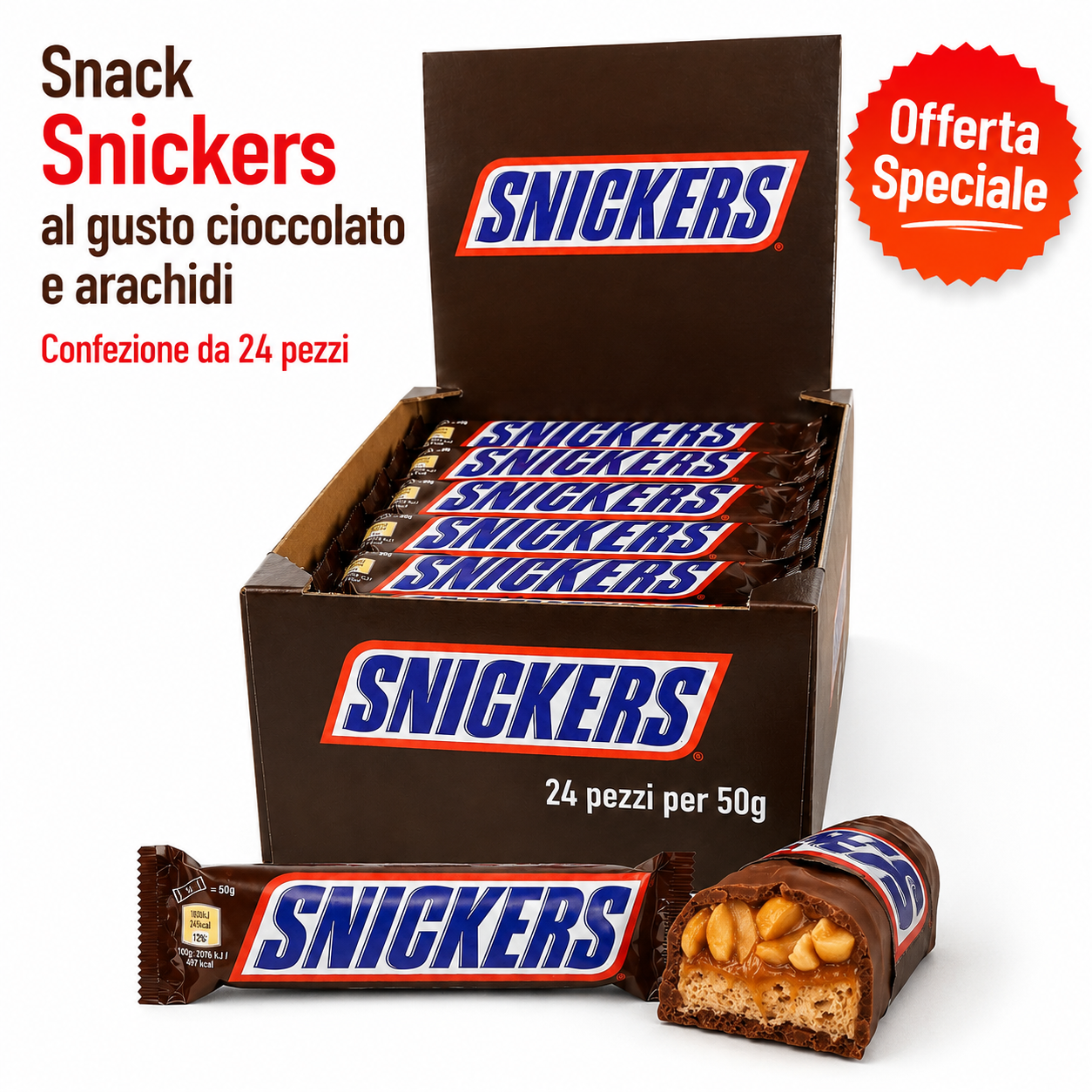 Snickers 24 Pezzi da 50 g – Barrette al Cioccolato con Arachidi e Caramello