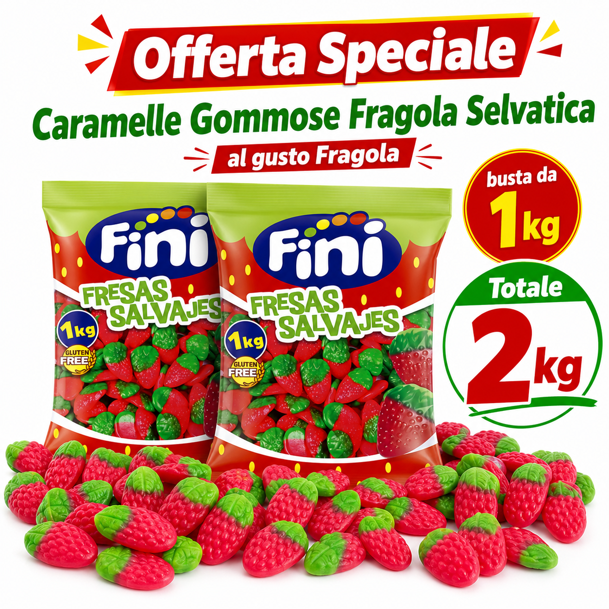 Fini Fragole Selvatiche Caramelle Gommose Gusto Fragola – 2 Buste da 1 kg, Totale 2 kg