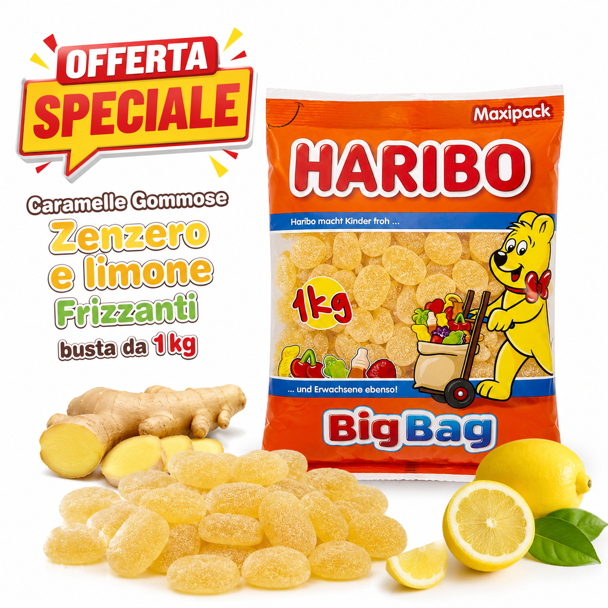 Haribo Zenzero Limone 1 kg – Caramelle Gommose Frizzanti Gusto Zenzero e Limone