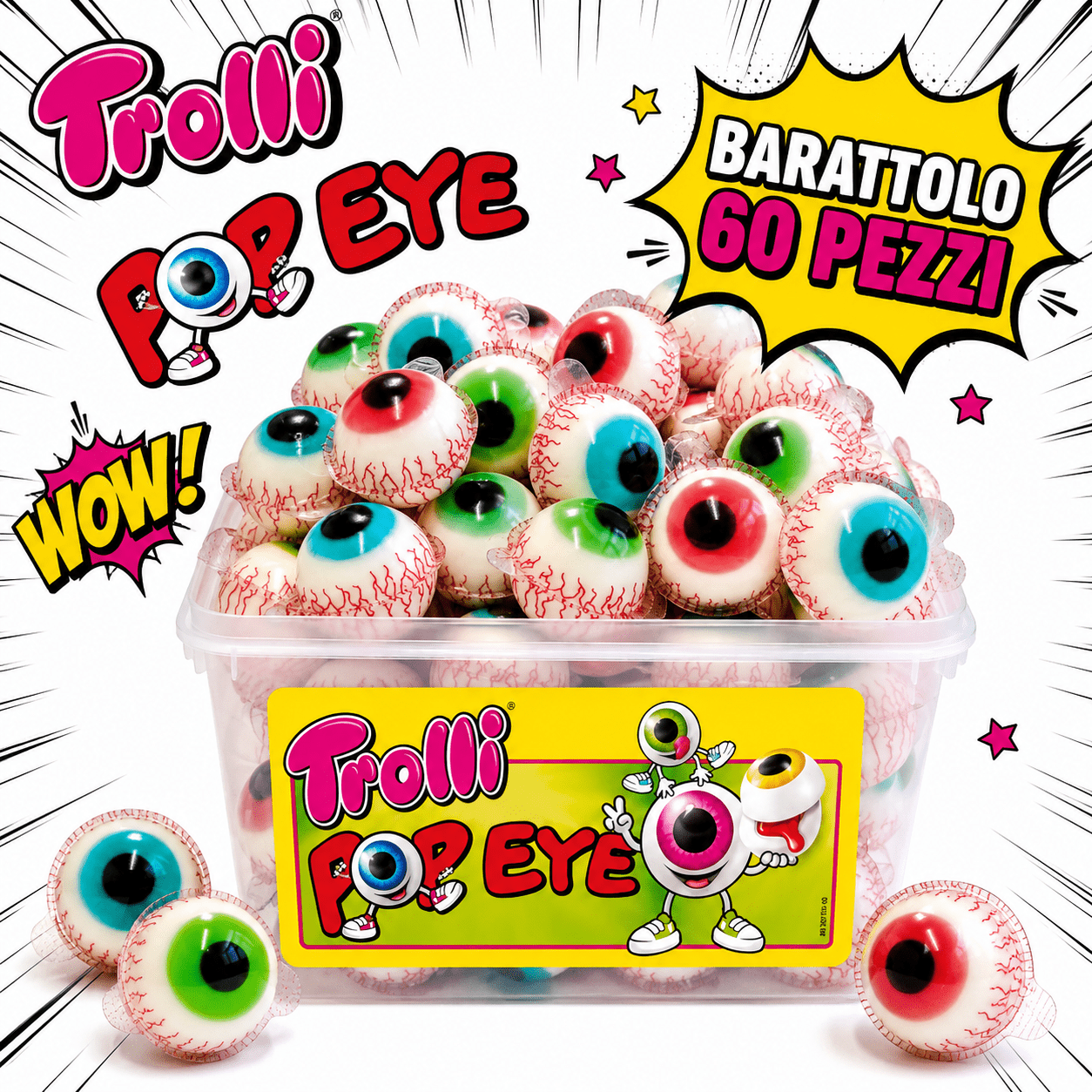 Trolli Pop Eye Caramelle Gommose a Forma di Occhio – 2 Barattoli da 60 Pezzi, Totale 120 Pezzi