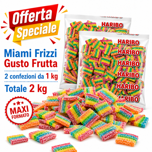 Haribo Miami Frizzante Caramelle Gommose Arcobaleno alla Frutta – 2 Buste da 1 kg, Totale 2 kg