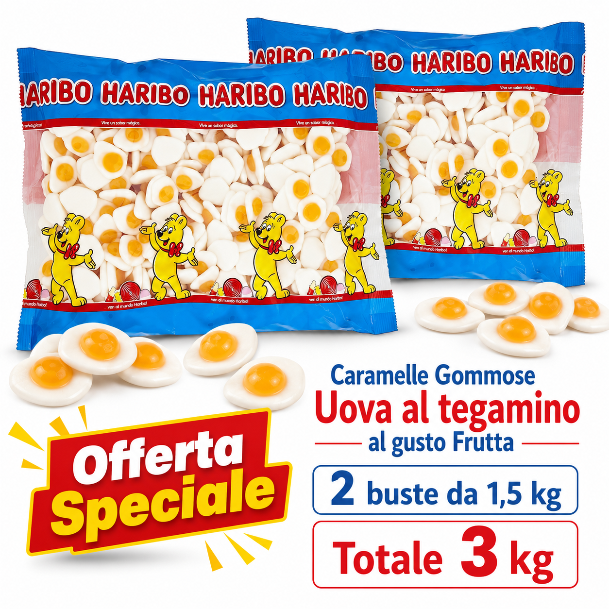 Haribo Uova al Tegamino Caramelle Gommose alla Frutta – 2 Buste da 1,5 kg, Totale 3 kg