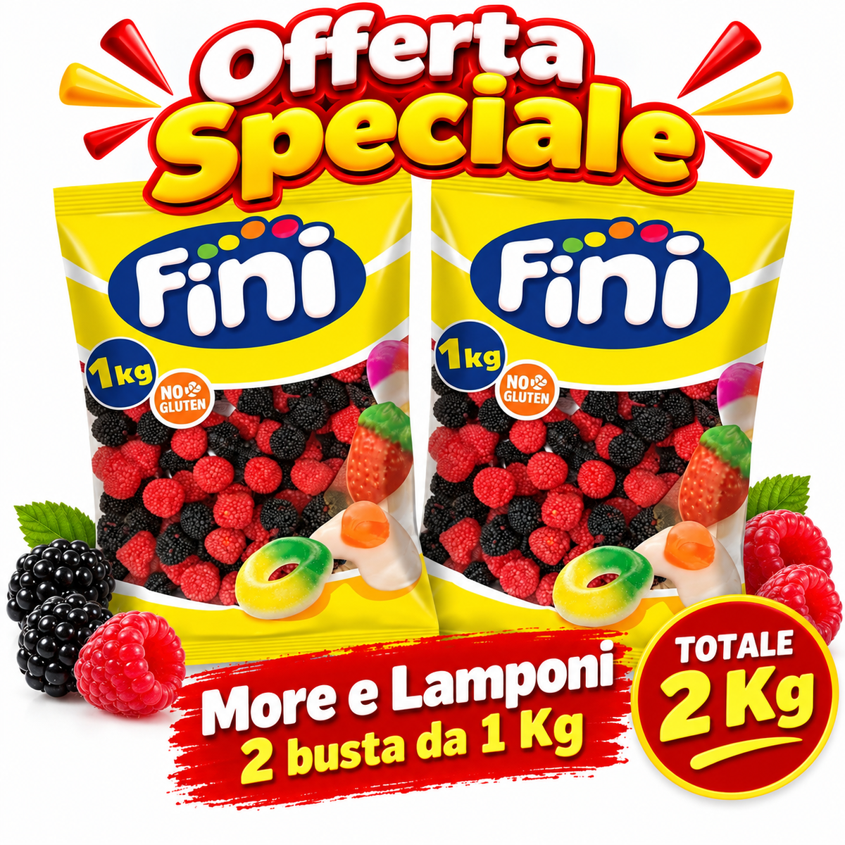 Fini More e Lamponi Caramelle Gommose – 2 Buste da 1 Kg, Totale 2 Kg