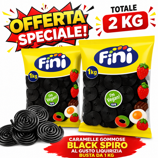 Fini Black Spiro Caramelle Gommose alla Liquirizia – 2 Buste da 1 kg, Totale 2 kg