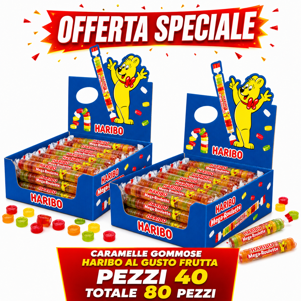 Haribo Mega Roulette Caramelle Gommose alla Frutta – 2 Box da 40 Pezzi, Totale 80 Pezzi
