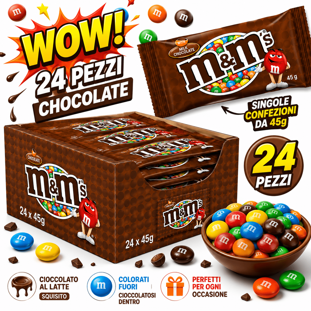 M&M’s Chocolate 24 Pezzi – Confetti di Cioccolato al Latte – 24 Buste da 45 g