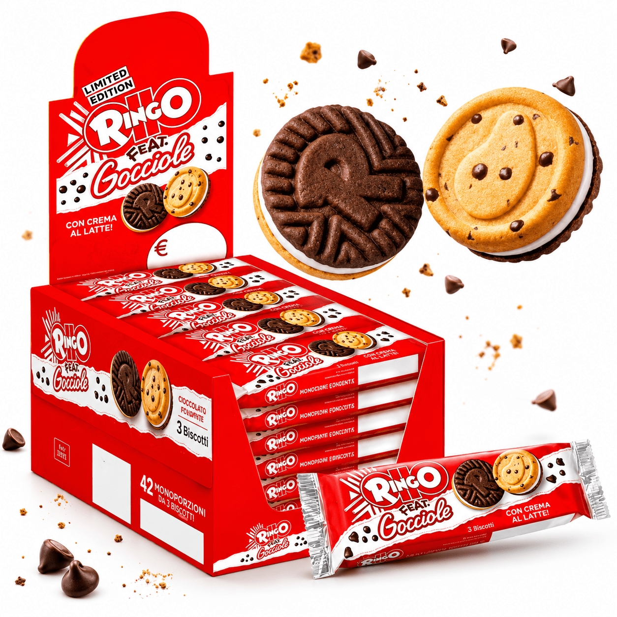 Ringo Gocciole Biscotti Farciti – 42 Confezioni da 3 Biscotti, Totale 1,155 kg
