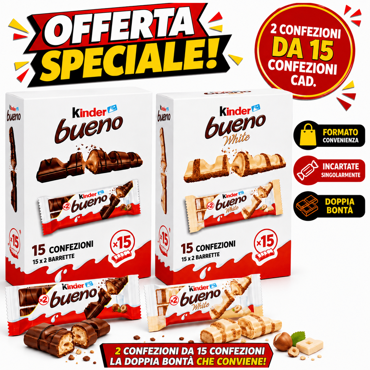 Kinder Bueno Classico + Kinder Bueno White – 30 Confezioni, 60 Barrette