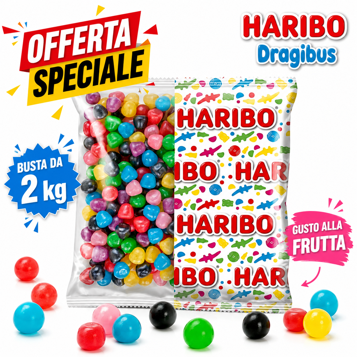 Haribo Dragibus Caramelle Gommose Colorate alla Frutta – 2 Buste da 2 kg, Totale 4 kg