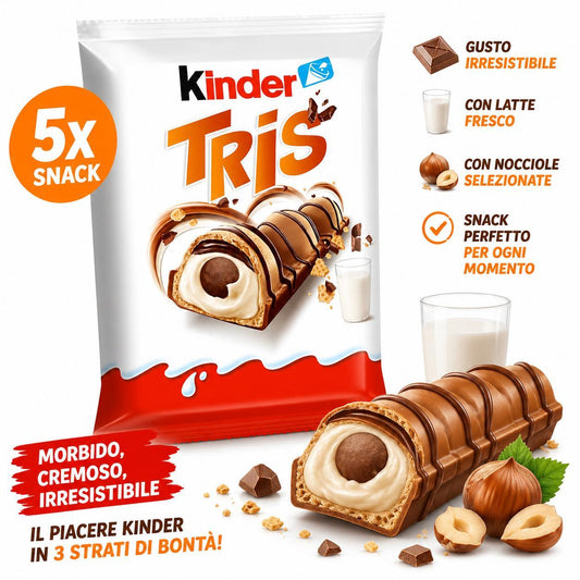 Kinder Tris Wafer con Crema al Latte e Cioccolato – 5 Barrette 100 g