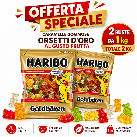 Haribo Goldbären Orsetti d’Oro Caramelle Gommose alla Frutta – 2 Buste da 1 kg, Totale 2 kg