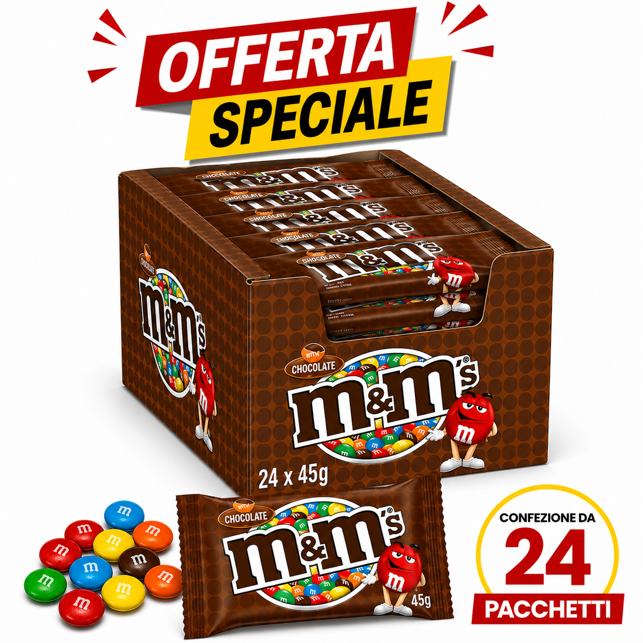M&M’s Chocolate 24 Pezzi – Confetti di Cioccolato al Latte – 24 Buste da 45 g