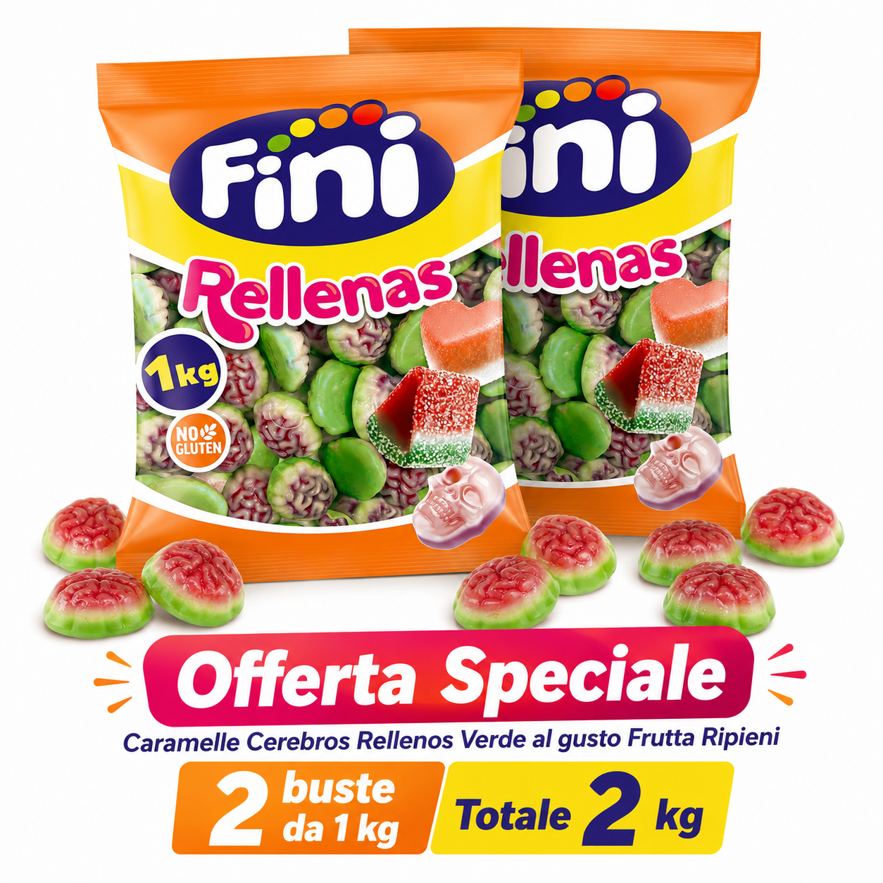 Fini Rellenas Cerebros Caramelle Gommose Ripiene a Forma di Cervello – 2 Buste da 1 kg