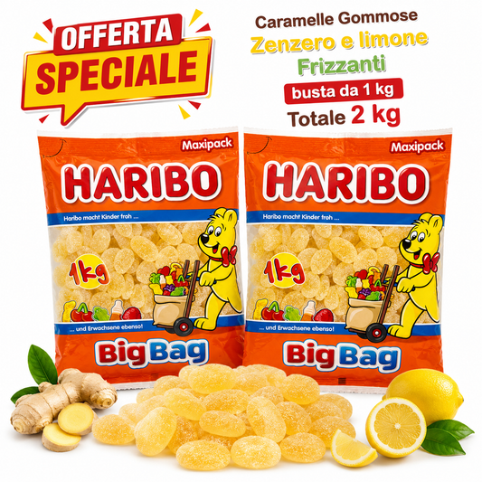 Haribo Zenzero e Limone Frizzanti – 2 Buste da 1 kg, Totale 2 kg
