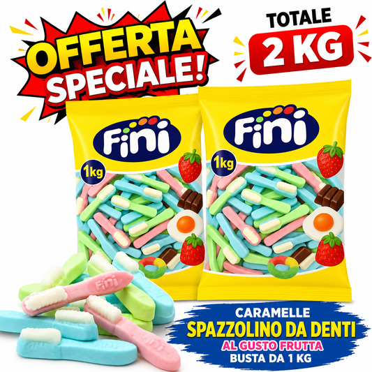 Fini Spazzolini da Denti Caramelle Gommose alla Frutta – 2 Buste da 1 kg, Totale 2 kg