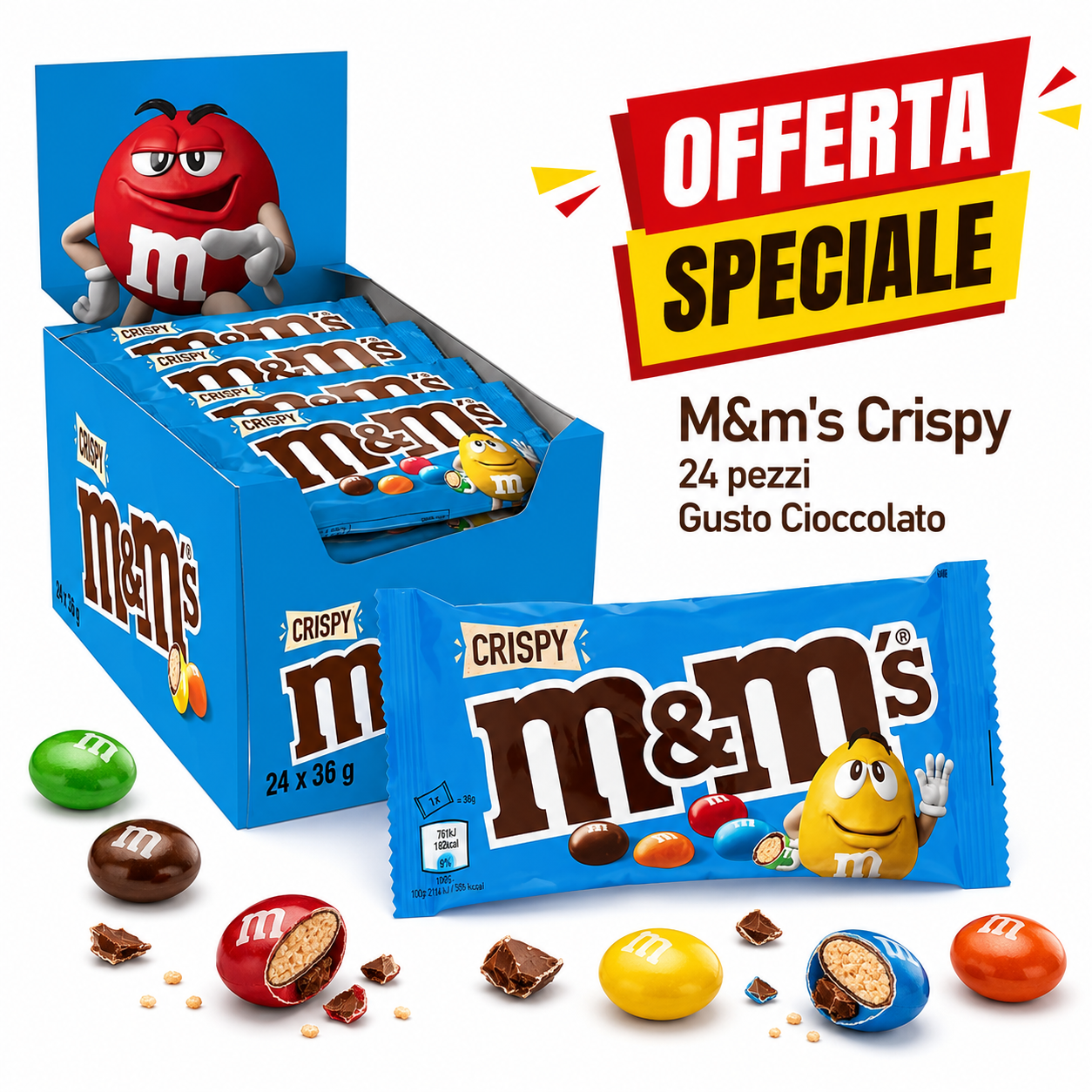 M&M’s Crispy 24 Pezzi – Confetti Croccanti al Cioccolato – 24 Buste da 36 g