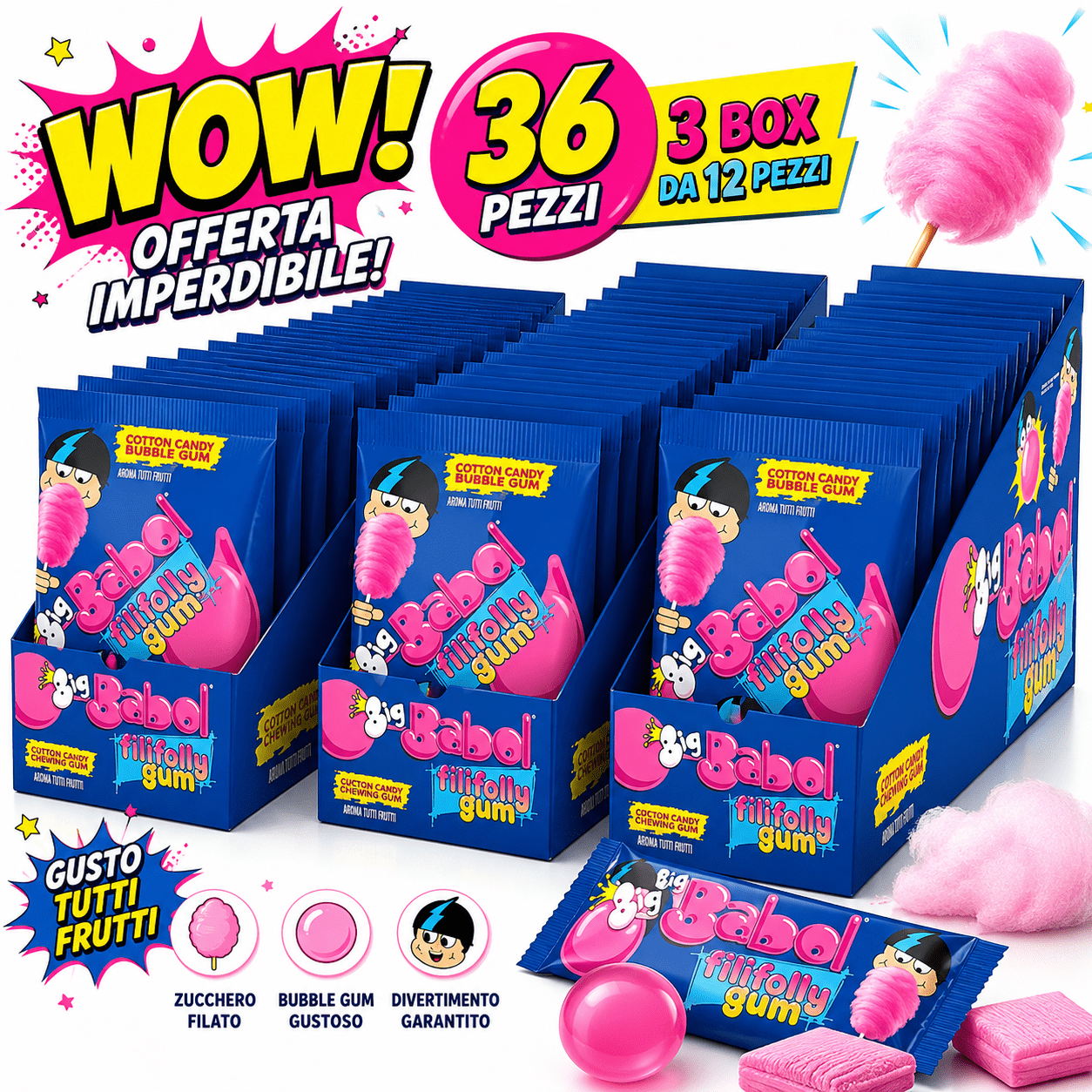Big Babol Filifolly Gum – 3 Box da 12 Pezzi, Totale 36 Buste da 11 g