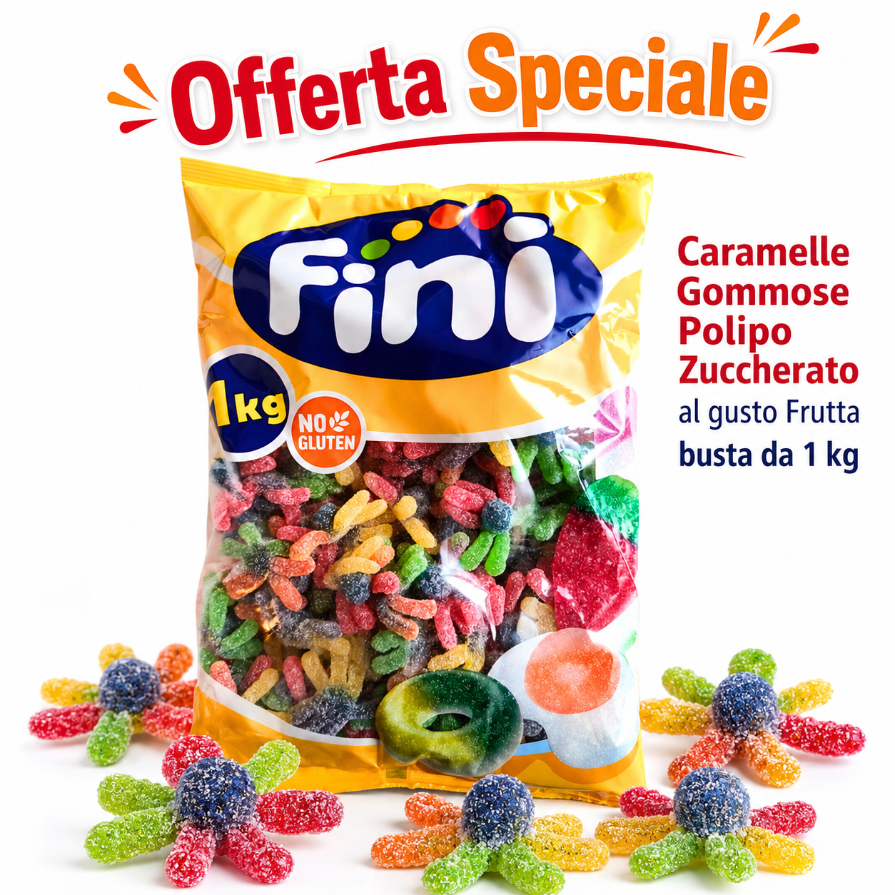 Fini Polipo Zuccherato Caramelle Gommose Frizzanti alla Frutta – Busta da 1 kg