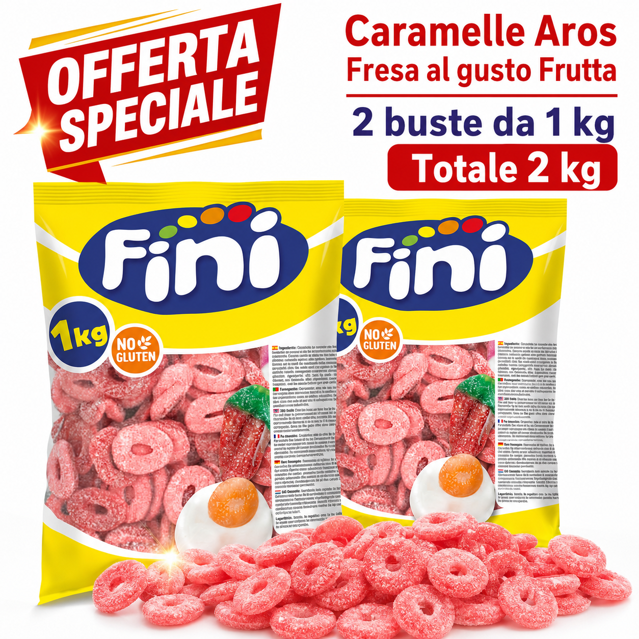 Fini Aros Fresa Caramelle Gommose Zuccherate al Gusto Frutta – 2 Buste da 1 kg