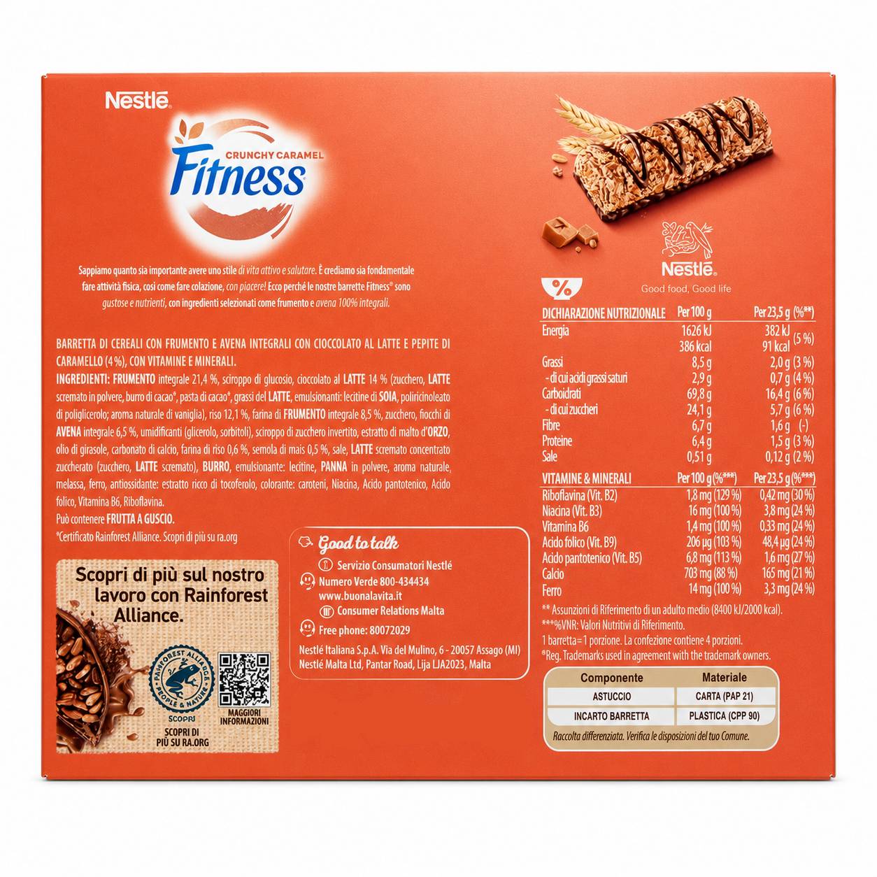 Nestlé Fitness Crunchy Caramel – Barrette ai Cereali Integrali con Cioccolato e Caramello, Confezione da 24 Pezzi