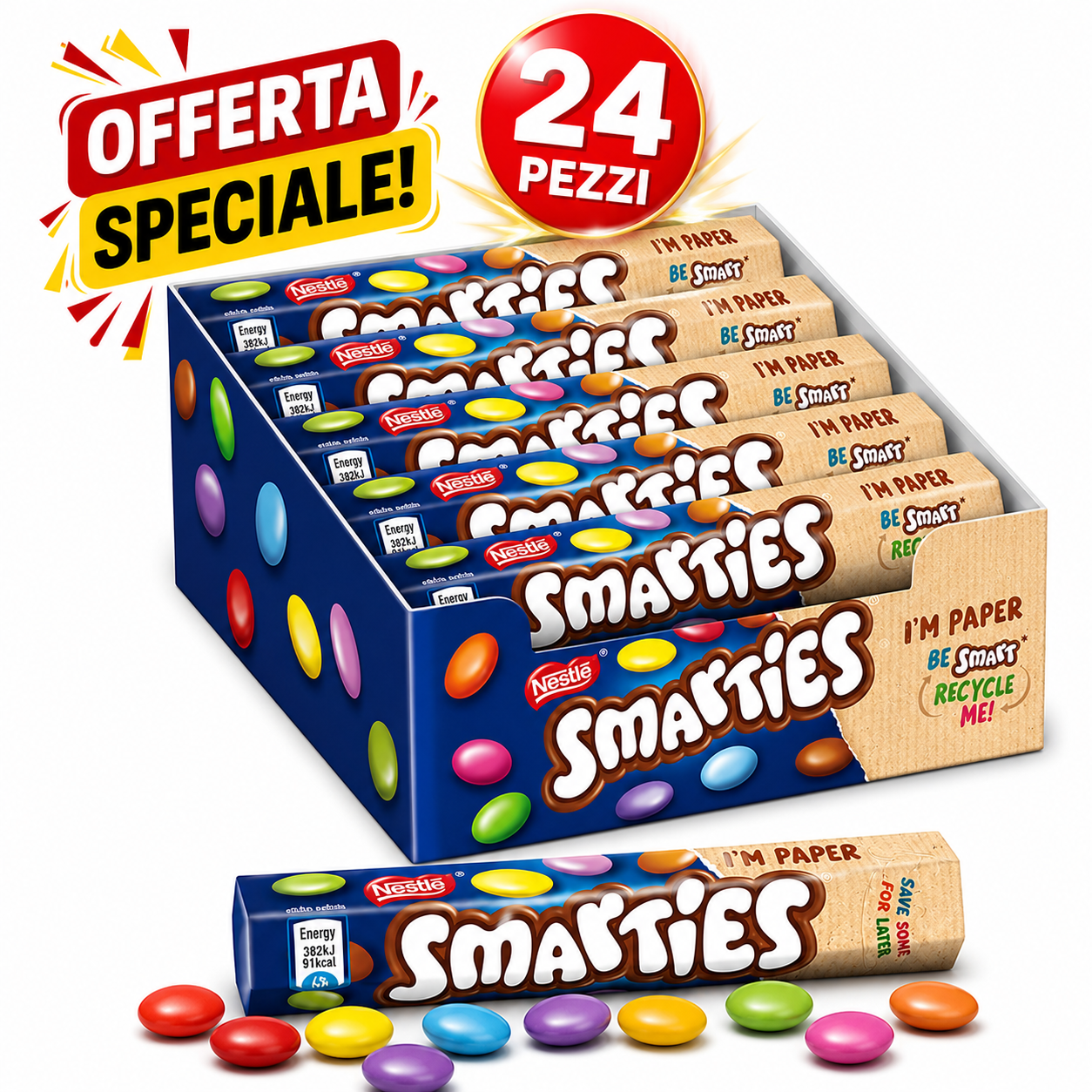 Nestlé Smarties – Confetti di Cioccolato al Latte Colorati, Confezione da 24 Tubetti da 38 g