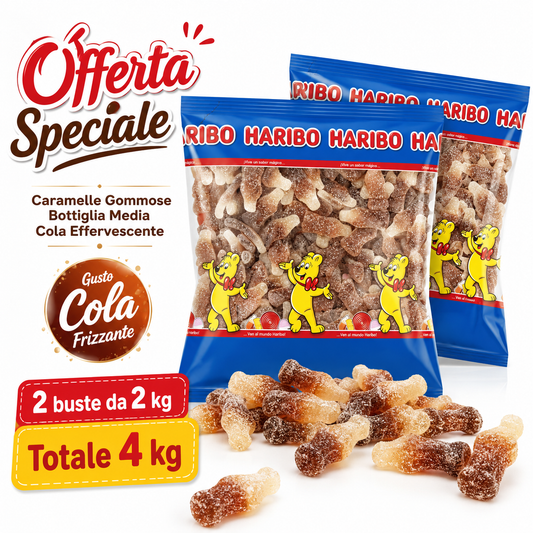 Haribo Bottiglie Cola Frizzanti Caramelle Gommose – 2 Buste da 2 kg, Totale 4 kg