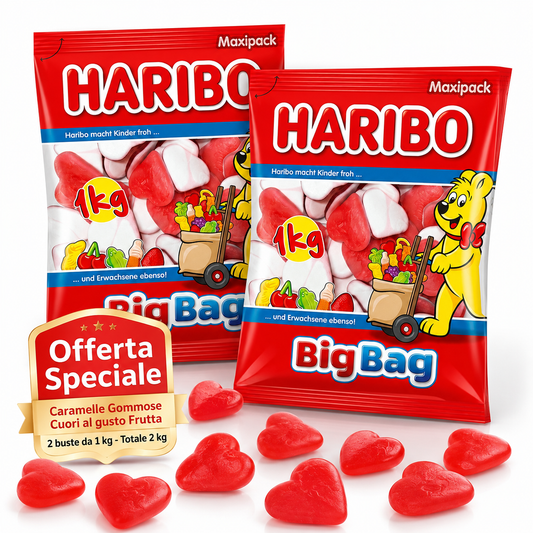 Haribo Cuori Caramelle Gommose alla Frutta – 2 Buste da 1 kg, Totale 2 kg