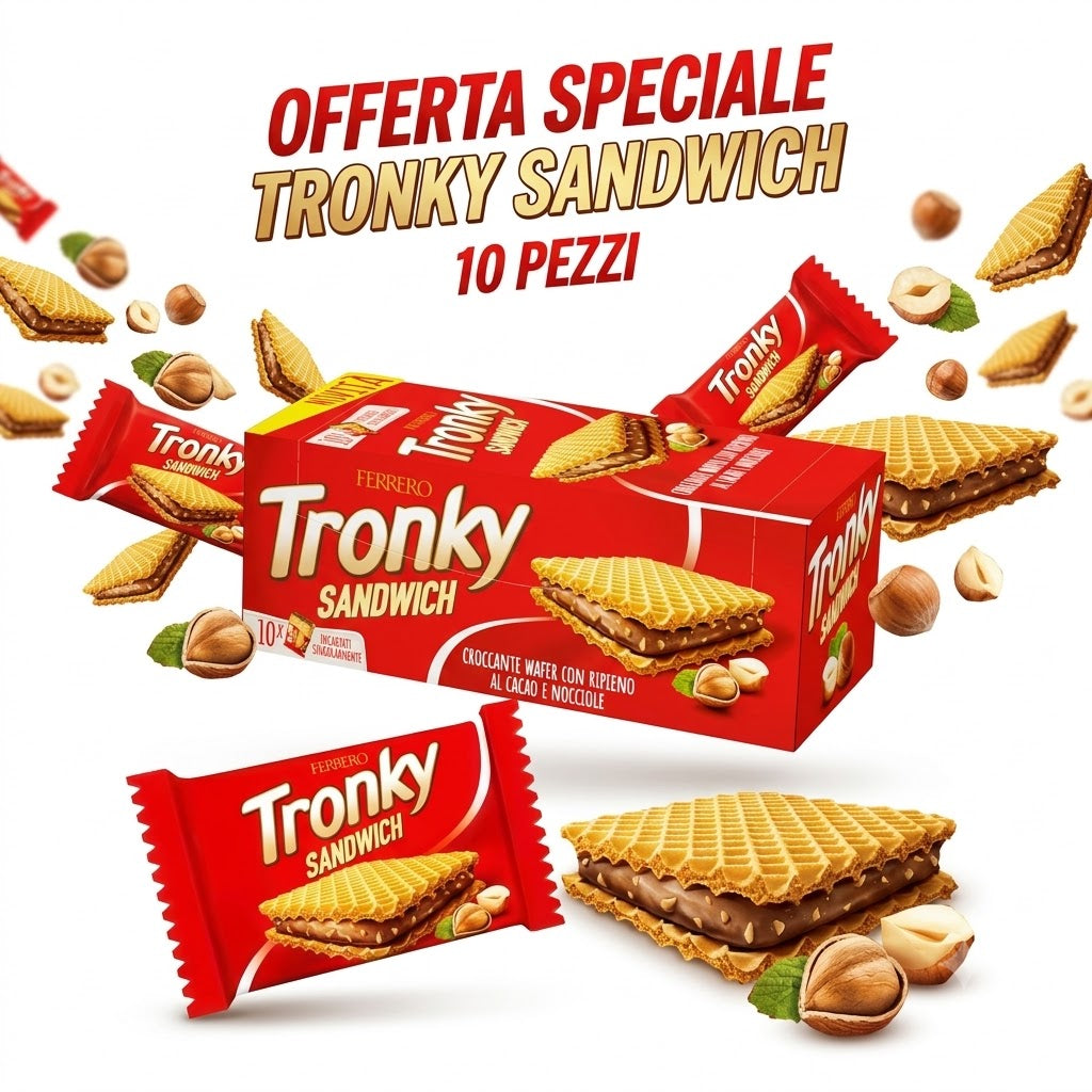 Ferrero Tronky Sandwich Wafer al Cacao e Nocciole – 3 Confezion da10 pezzii, Totale 30 Pezzi