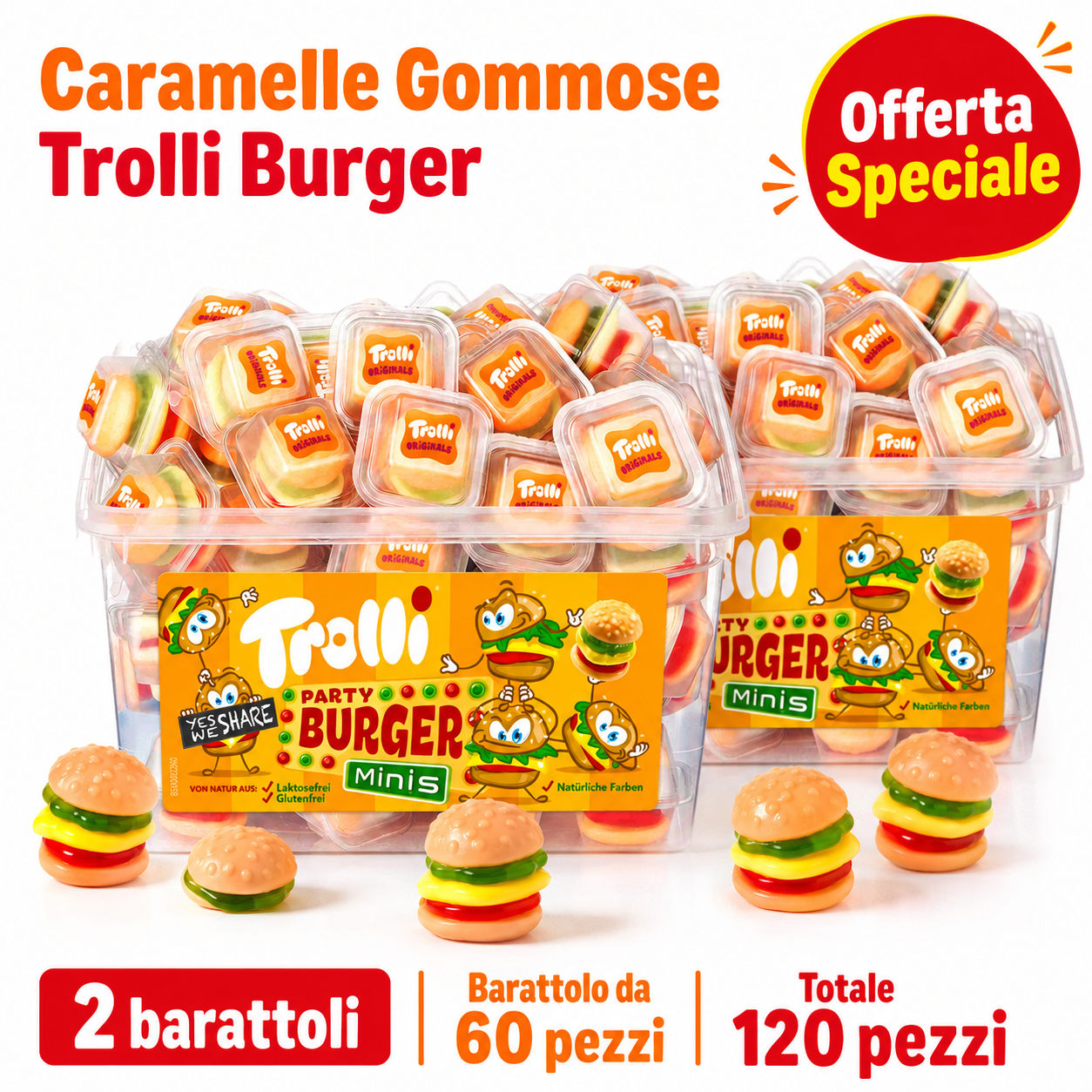 Trolli Party Burger Minis – 2 Barattoli da 60 Pezzi, Totale 120 Pezzi