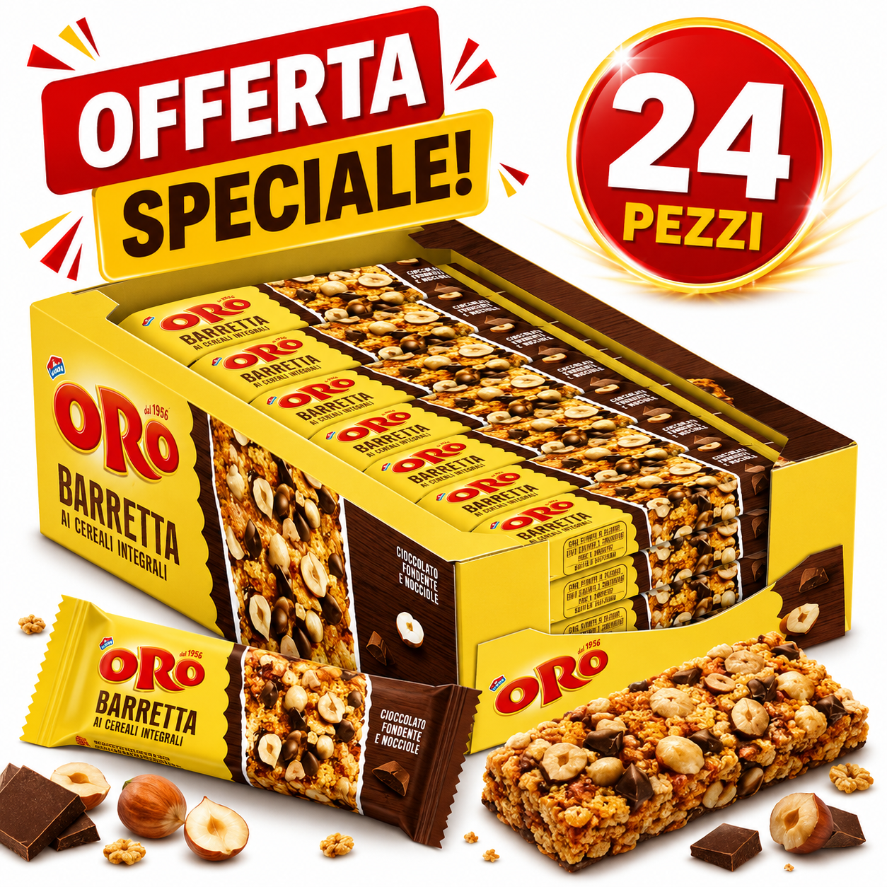 Oro Barretta ai Cereali Integrali con Cioccolato Fondente e Nocciole – Confezione da 24 Pezzi