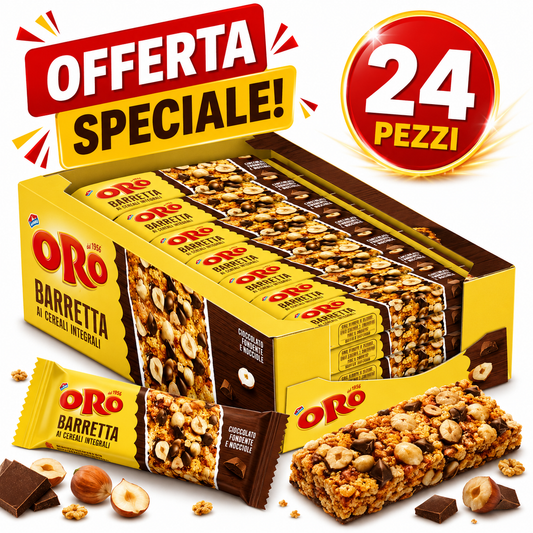 Oro Barretta ai Cereali Integrali con Cioccolato Fondente e Nocciole – Confezione da 24 Pezzi