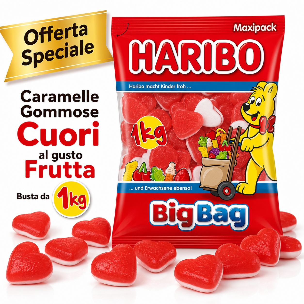 Haribo Cuori Caramelle Gommose alla Frutta – 2 Buste da 1 kg, Totale 2 kg