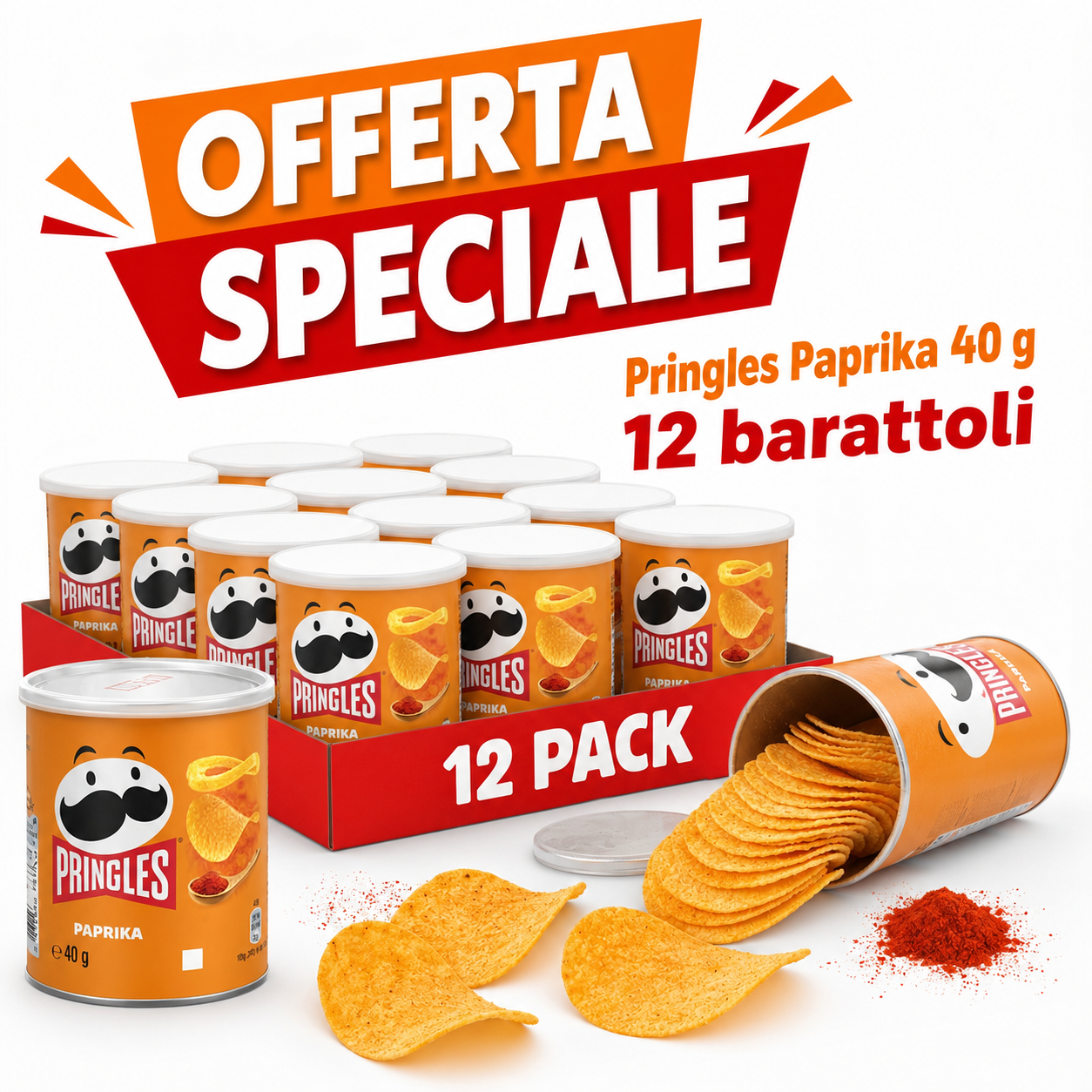 Pringles Paprika Patatine alla Paprika – Confezione da 12 Barattoli da 40 g, Totale 480 g