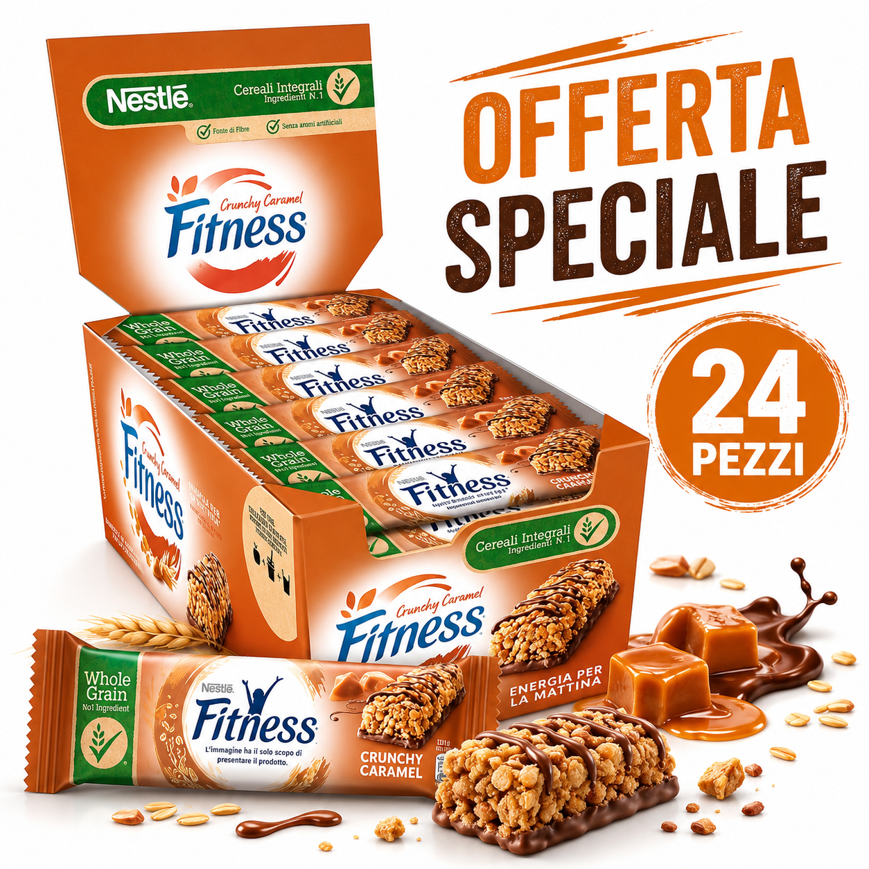 Nestlé Fitness Crunchy Caramel – Barrette ai Cereali Integrali con Cioccolato e Caramello, Confezione da 24 Pezzi