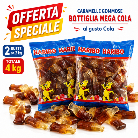 Haribo Bottiglia Mega Cola Caramelle Gommose al Gusto Cola – 2 Buste da 2 kg, Totale 4 kg