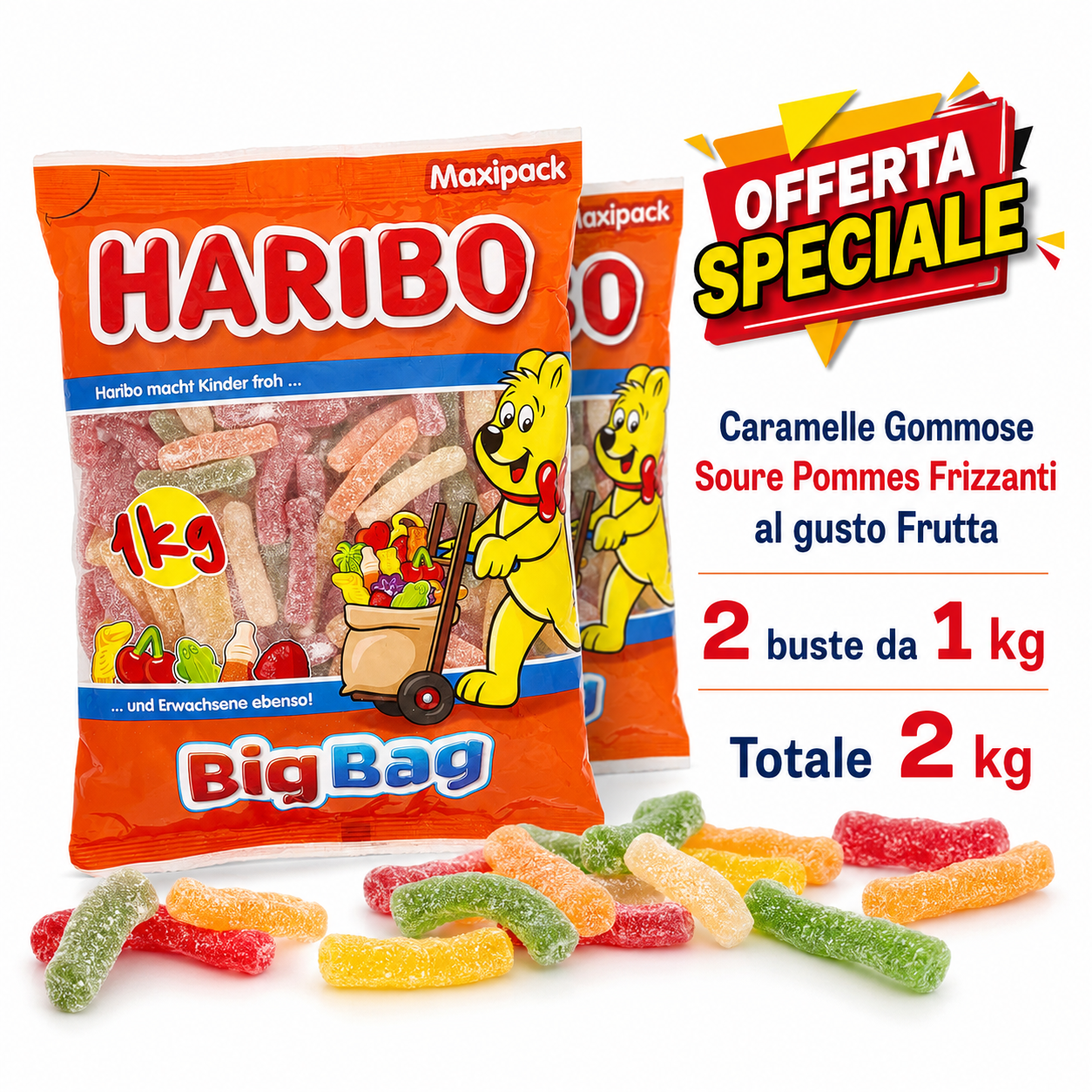Haribo Saure Pommes Caramelle Gommose Frizzanti alla Frutta – 2 Buste da 1 kg, Totale 2 kg