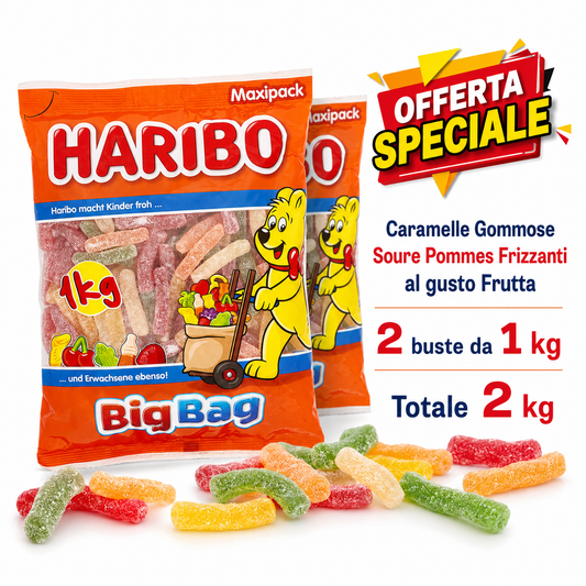 Haribo Saure Pommes Caramelle Gommose Frizzanti alla Frutta – 2 Buste da 1 kg, Totale 2 kg