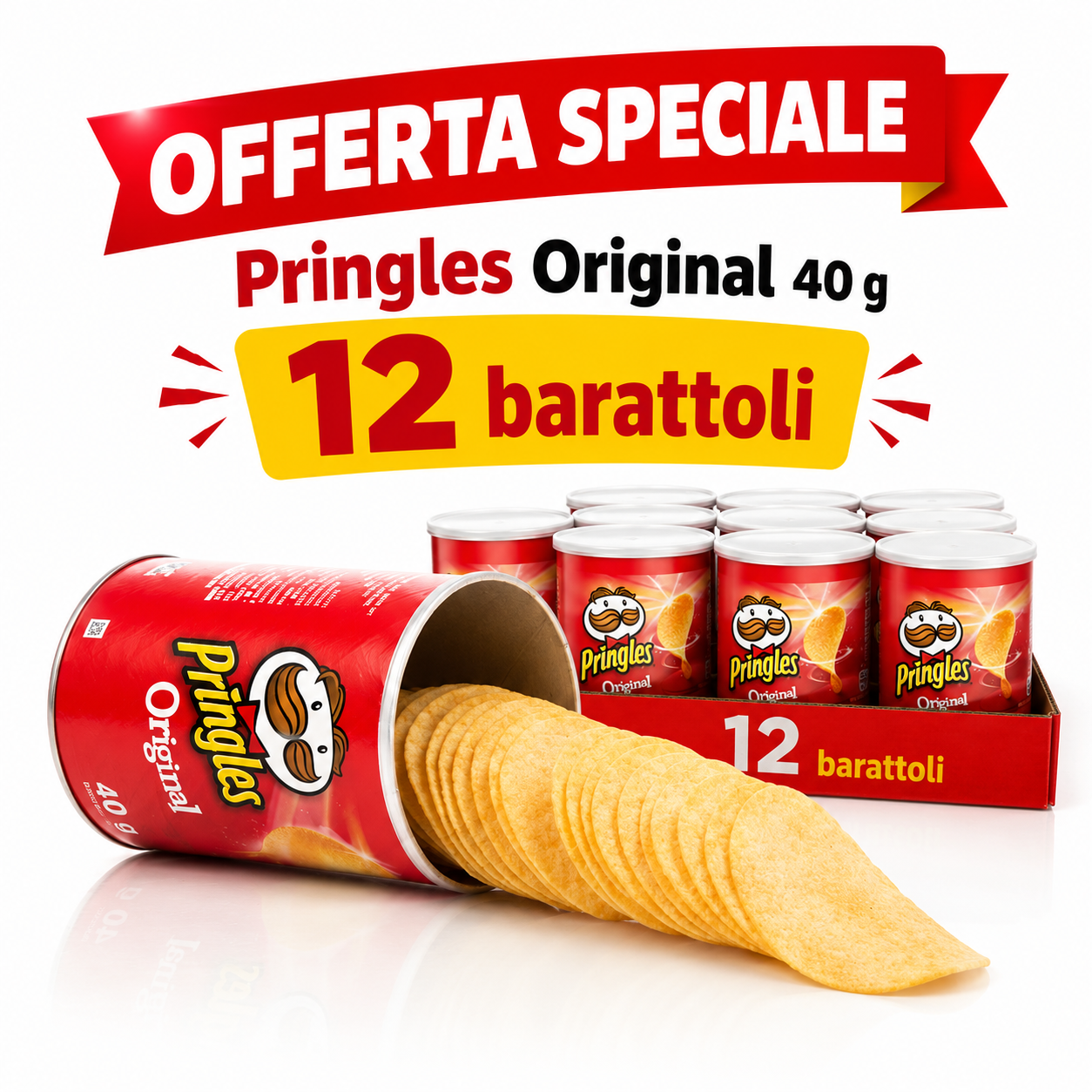 Pringles Original Patatine Salate – Confezione da 12 Barattoli da 40 g, Totale 480 g